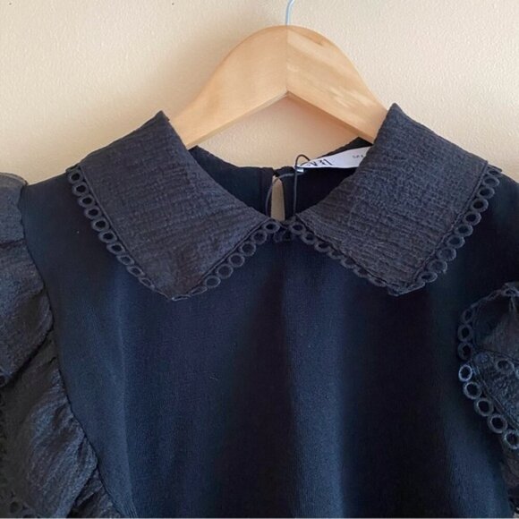 Zara Contrast Organza Sweater Small Puff Sheer Sleeves Collar Witchy Goblin Goth - Picture 5 of 16